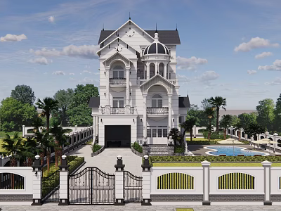European Style Detached Villa With White Exterior Black Roof Grand Gate And Swimming Pool 3d model
