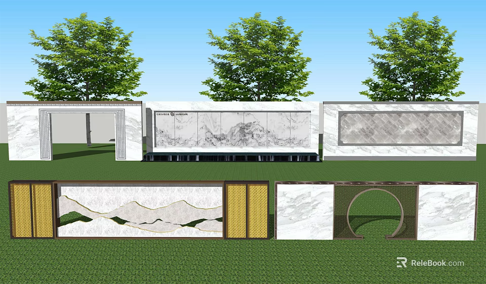 Elegant Outdoor Garden Landscape Wall With Landscape Painting Patterns Various Materials And Green Trees 3d model 