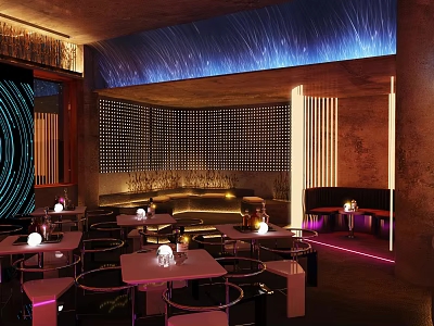 Modern Bar Interior Design With Neon Lights Sofa Seats And Round Tables 3d model