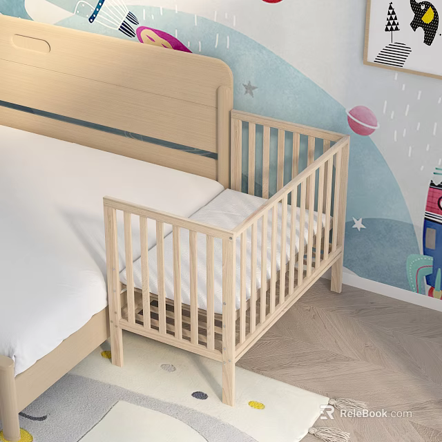 Wooden Baby Crib Next to Adult Bed With Blue Wall Star and Planet Patterns on Wooden Floor 3d model 