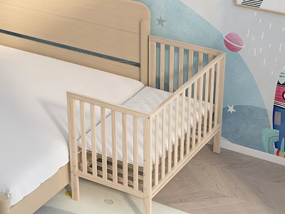 Wooden Baby Crib Next to Adult Bed With Blue Wall Star and Planet Patterns on Wooden Floor 3d model