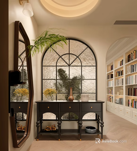 Stylish Entryway Hallway With Arched Glass Window Black Console Table Mirror Palm Plant And Bookshelves 3d model 