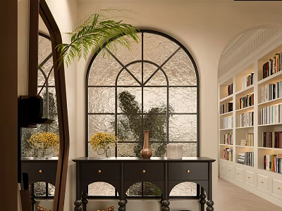 Stylish Entryway Hallway With Arched Glass Window Black Console Table Mirror Palm Plant And Bookshelves 3d model