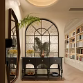 Stylish Entryway Hallway With Arched Glass Window Black Console Table Mirror Palm Plant And Bookshelves