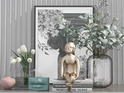 Decorative Ornament Combination Featuring Sculpture Vase Flowers Lip Decor Painting And Books 3d model
