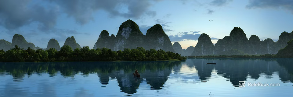 Serene Garden Landscape with Rolling Mountains Lush Greenery and Calm Lake Reflections 3d model 