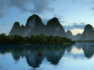 Serene Garden Landscape with Rolling Mountains Lush Greenery and Calm Lake Reflections 3d model