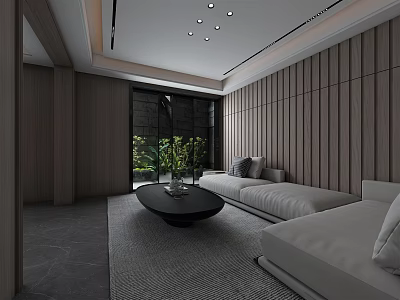 Modern Basement Living Space With Wooden Wall Panel Sofa Coffee Table And Green Plant 3d model