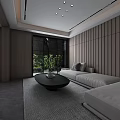 Modern Basement Living Space With Wooden Wall Panel Sofa Coffee Table And Green Plant