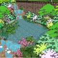 Lush Waterfront Landscape With Flowing River Waterfall And Colorful Flowers Trees