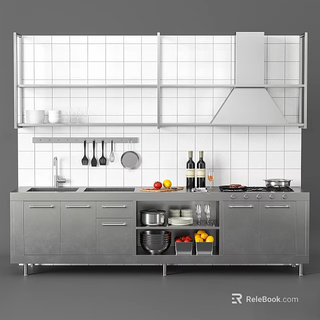 Modern Commercial Kitchen Equipment With Stainless Steel Cabinets Stove Range Hood Sink And Storage Compartments 3d model 