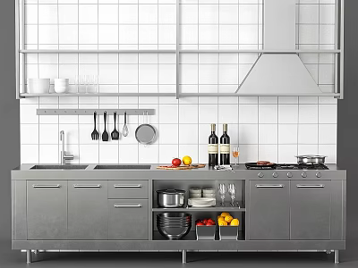 Modern Commercial Kitchen Equipment With Stainless Steel Cabinets Stove Range Hood Sink And Storage Compartments 3d model