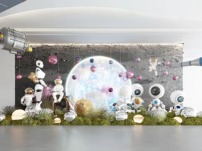 Creative Indoor Landscape Featuring Moon Stars Theme Astronaut Robot Figures Hanging Planets Rocket Models 3d model