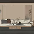 Mid-ancient style living room sofa coffee table combination fabric sofa Song Dynasty aesthetic sofa background wall 3d model