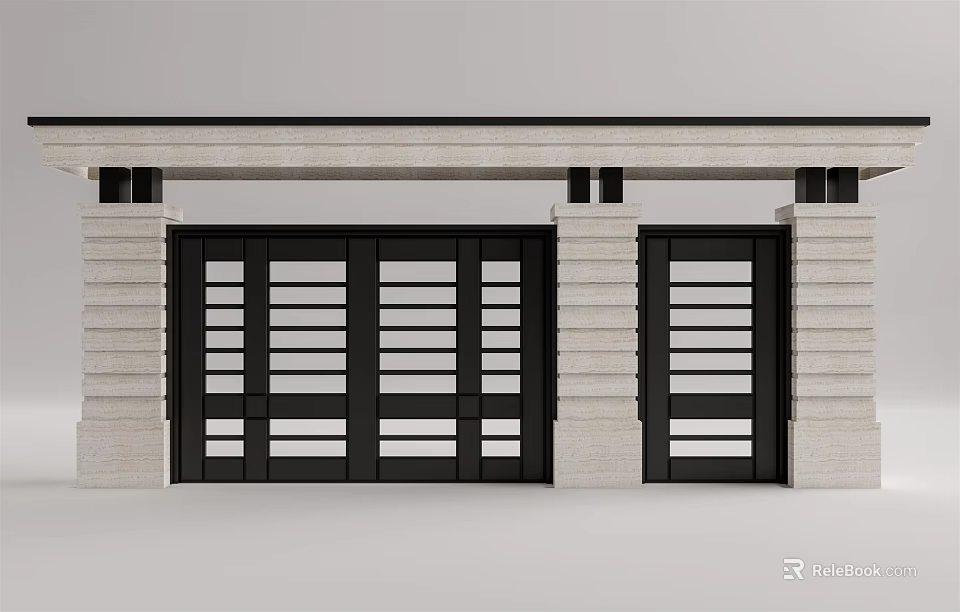 Modern Black Entrance Gate Design With Stone Pillars And Glass Panels 3d model 