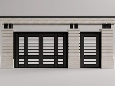Modern Black Entrance Gate Design With Stone Pillars And Glass Panels 3d model