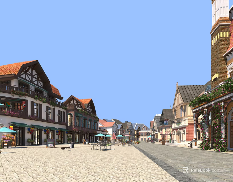 Charming Commercial Street With Red Roofs Wooden Frames Shops Outdoor Seating And Cobblestone Pavement 3d model 