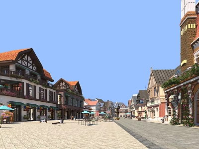 Charming Commercial Street With Red Roofs Wooden Frames Shops Outdoor Seating And Cobblestone Pavement 3d model