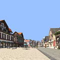 Charming Commercial Street With Red Roofs Wooden Frames Shops Outdoor Seating And Cobblestone Pavement