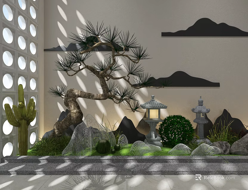 Japanese Style Garden With Pine Tree Cactus Rockery Stone Lantern And Mountain Decorations 3d model 