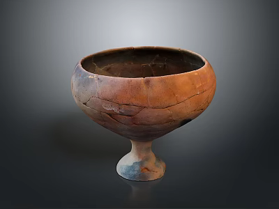 Ancient Terracotta Pedestal Bowl With Cracked Surface And Rustic Texture 3d model