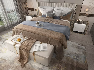 Modern Bedroom Interior With Double Bed Upholstered Headboard Brown Blue Bedding Nightstands And Bench 3d model