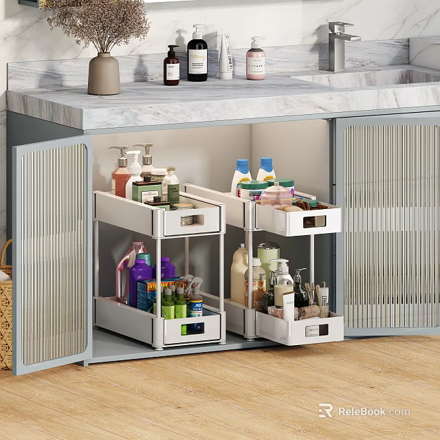 Modern Kitchen Storage Cabinet With Drawers And Shelves For Organizing Kitchen Items And Marble Countertop 3d model 