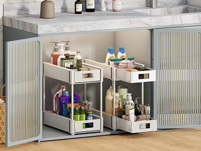 Modern Kitchen Storage Cabinet With Drawers And Shelves For Organizing Kitchen Items And Marble Countertop 3d model