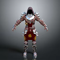 Game And Movie Fantasy Warrior Character In Hooded Red And Silver Armor With Sun Pattern