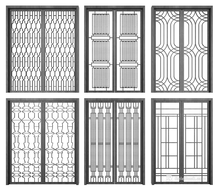 Shower Sauna Enclosure Doors With Various Intricate Patterned Grille Designs 3d model