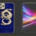 Smartphone With Gold Frame And Blue Crocodile Texture Case Featuring Golden Dragon Design