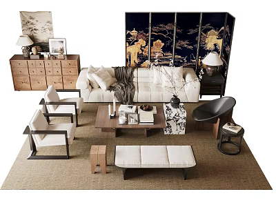 Traditional Sofa And Coffee Table Set With Oriental Screen Armchairs And Decorative Items 3d model