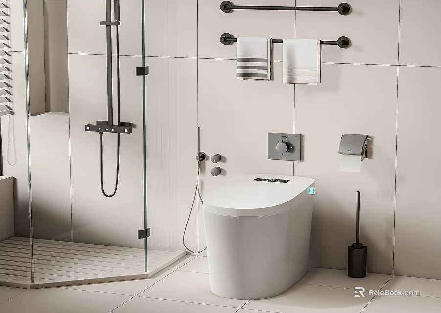 Modern White Toilet in Bathroom Interior with Shower Tiled Walls and Towel Rack 3d model 
