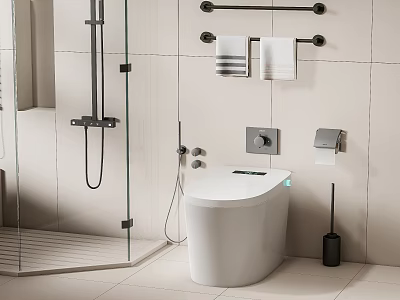 Modern White Toilet in Bathroom Interior with Shower Tiled Walls and Towel Rack 3d model