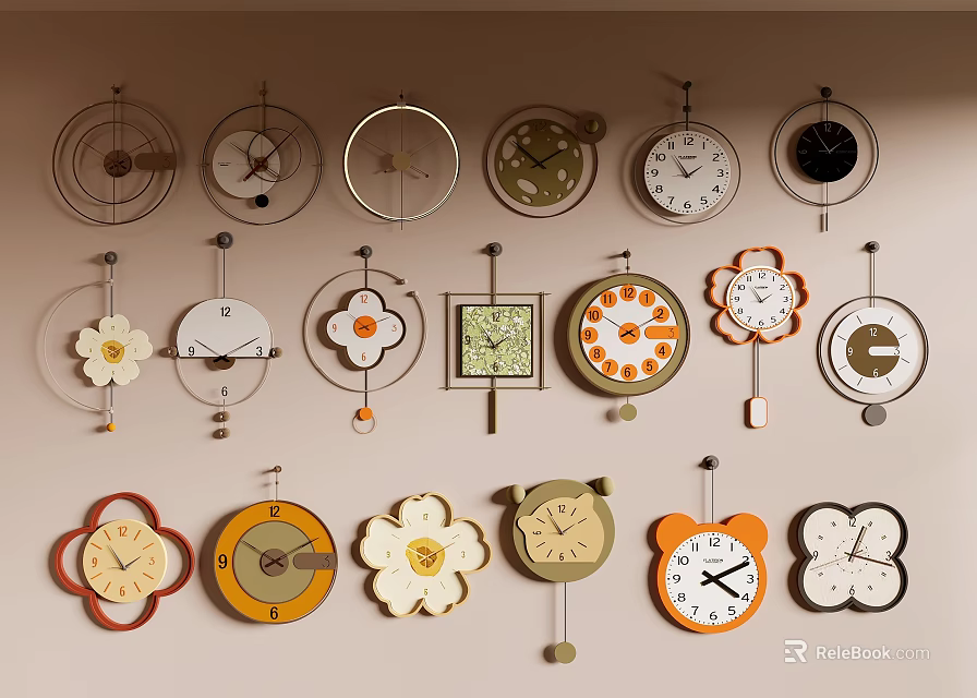 Assorted Decorative Wall Clocks With Flower Circular And Square Shapes 3d model