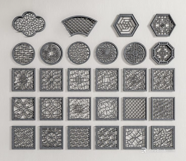 Carved Lattice Windows With Various Traditional Chinese Geometric And Floral Patterns 3d model 