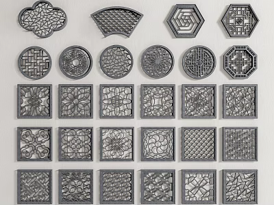 Carved Lattice Windows With Various Traditional Chinese Geometric And Floral Patterns 3d model