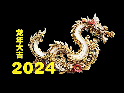 2024 Dragon Year Window Display With Golden Dragon Ornament And Festive Decor 3d model