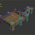 Medieval Castle Fortress With Gray Walls Blue Tower Tops Square Courtyard And Brown Ground