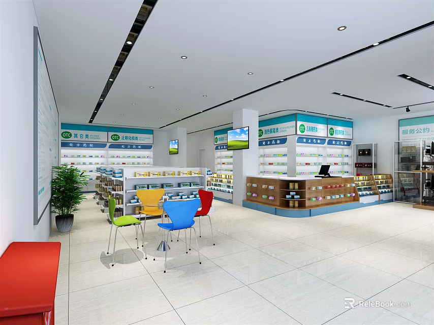 Pharmacy Store Interior With Shelves Medicines Colorful Chairs Counter And Screens 3d model 