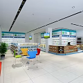 Pharmacy Store Interior With Shelves Medicines Colorful Chairs Counter And Screens