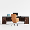Modern L Shaped Office Desk with Laptop Desktop Monitor Keyboard Mouse and Orange Leather Chair
