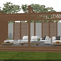 Wooden Pergola with White Sofa Coffee Table Green Plants and Wooden Louvers in Grassy Garden