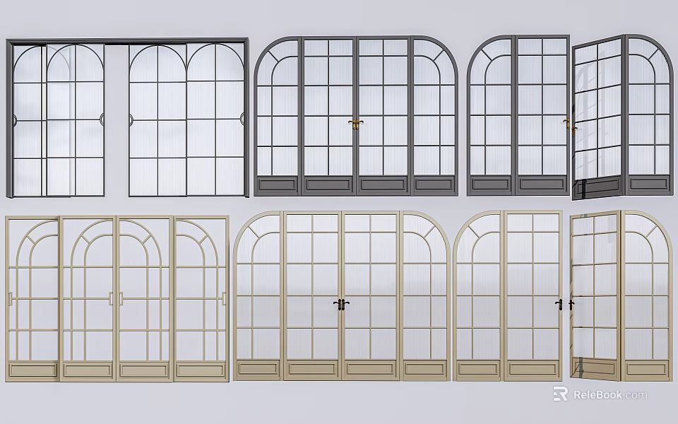 Various Stylish Casement Doors With Glass Panels And Arch Designs In Black And Beige 3d model 