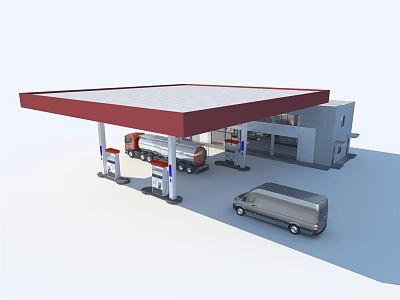 Gas Station With Red Roof Fuel Pumps Truck And Van In Forecourt 3d model