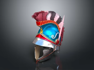 Ornate Ancient Warrior Helmet Featuring Blue Front Red Gold Trim And Feather Plume 3d model