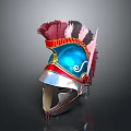 Ornate Ancient Warrior Helmet Featuring Blue Front Red Gold Trim And Feather Plume