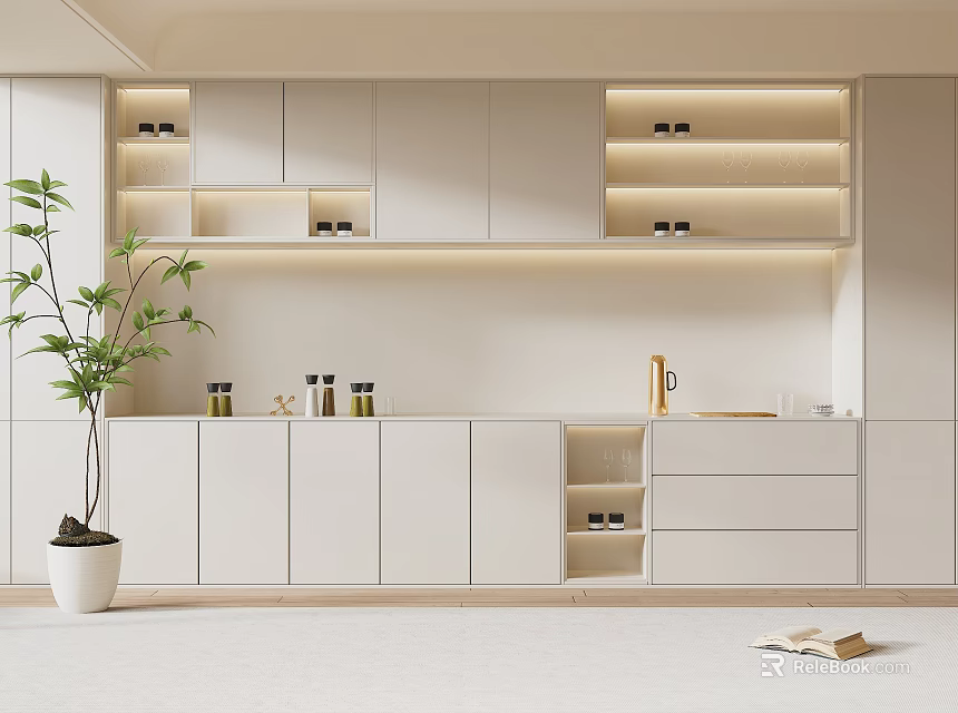 Modern White Kitchen Cabinets With LED Lighting Open Shelves And Drawers 3d model