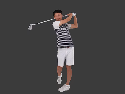 Man Wearing Striped Polo Shirt and White Shorts Swinging Golf Club 3d model