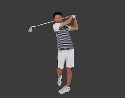 Man Wearing Striped Polo Shirt and White Shorts Swinging Golf Club 3d model